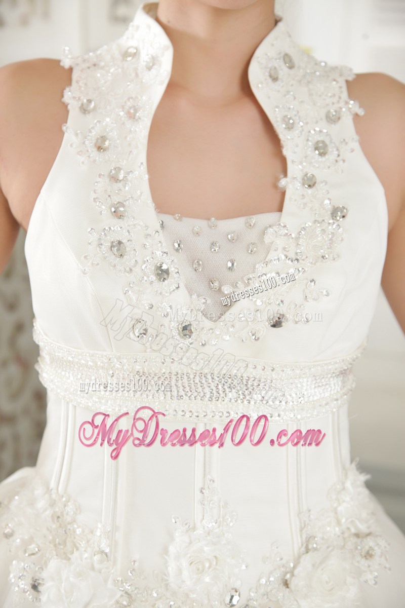Jewelry High Neck Long Bridal Dress Decorated with Hand Made Flowers