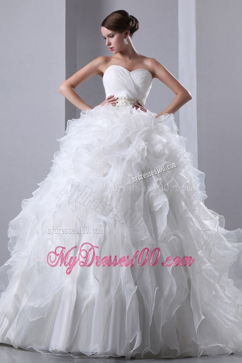 Ruched and Ruffled Chapel Train Wedding Gown with Beading Accent Waist