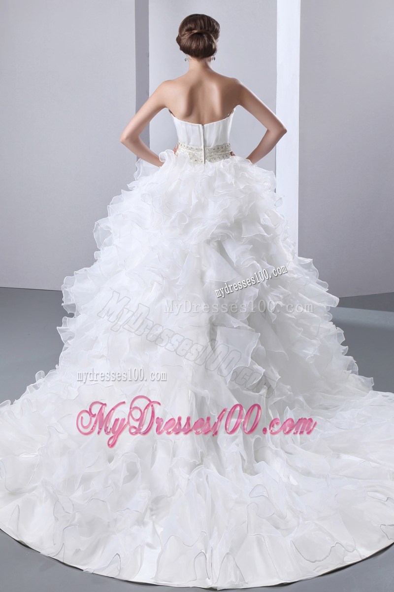 Ruched and Ruffled Chapel Train Wedding Gown with Beading Accent Waist