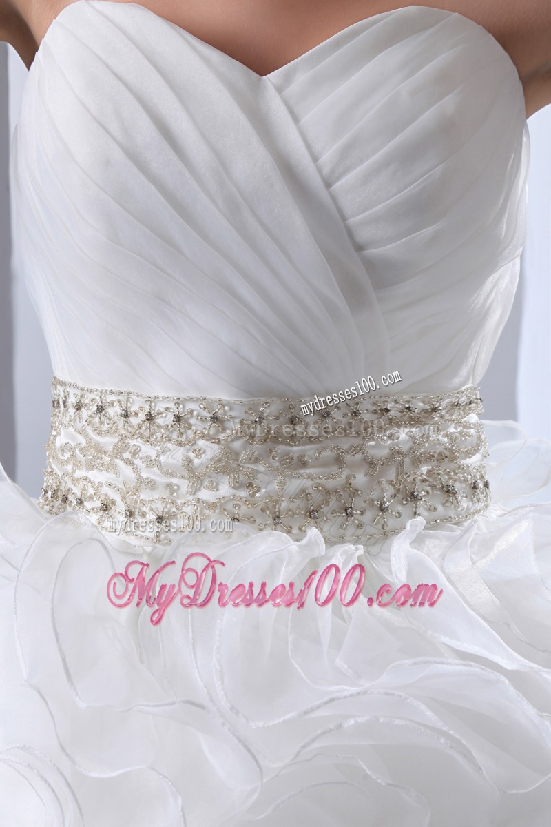 Ruched and Ruffled Chapel Train Wedding Gown with Beading Accent Waist