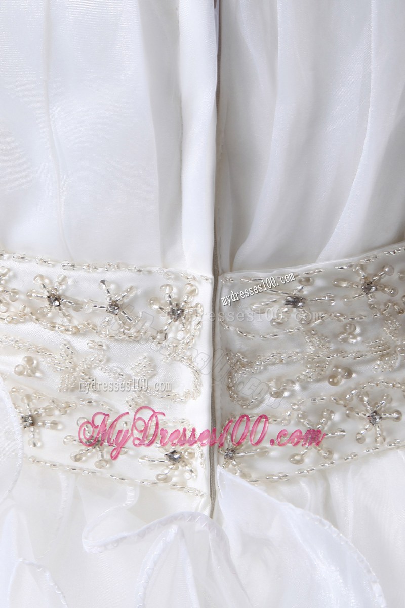 Ruched and Ruffled Chapel Train Wedding Gown with Beading Accent Waist
