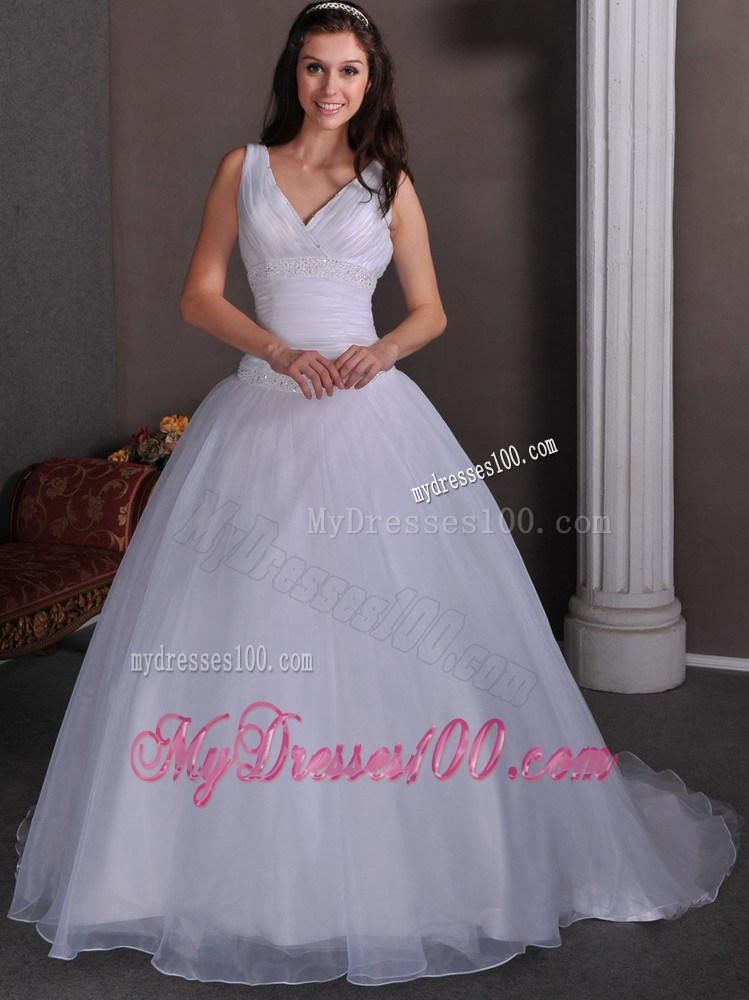 Taffeta and Tulle V-neck A-line Ruched Wedding Gown with Court Train