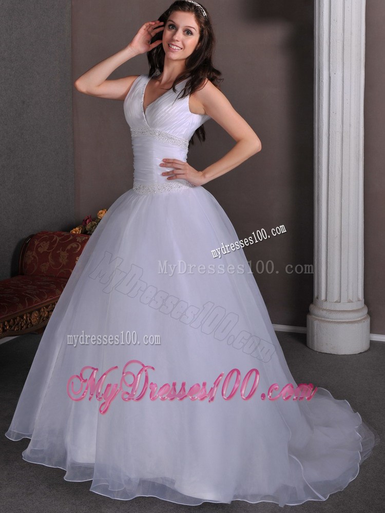 Taffeta and Tulle V-neck A-line Ruched Wedding Gown with Court Train