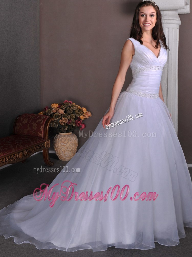 Taffeta and Tulle V-neck A-line Ruched Wedding Gown with Court Train