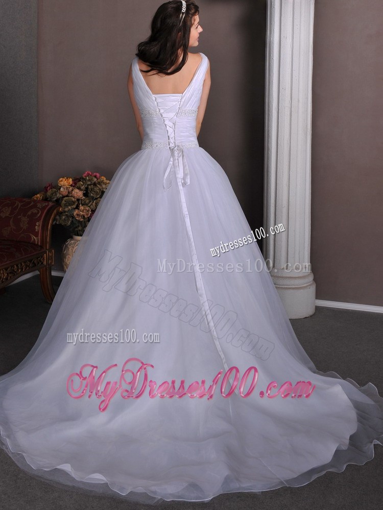 Taffeta and Tulle V-neck A-line Ruched Wedding Gown with Court Train