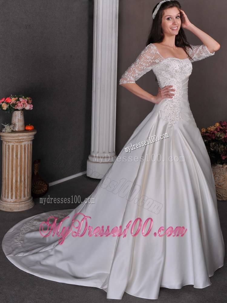 Chapel Train Square Appliques Beading Bridal Gown with 1 2 Sleeves