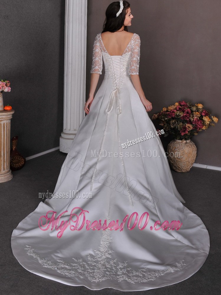 Chapel Train Square Appliques Beading Bridal Gown with 1 2 Sleeves