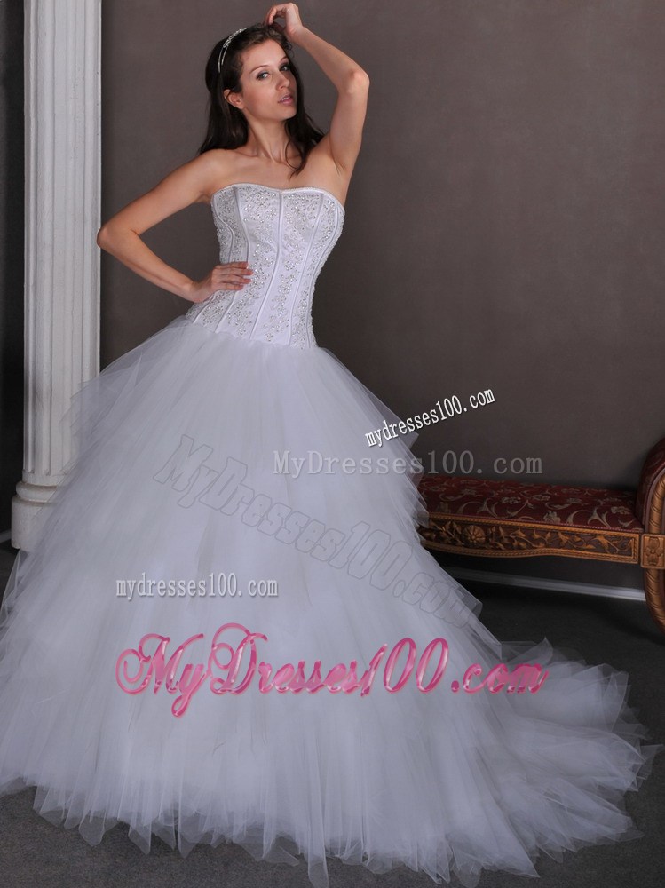 Appliqued Bodice Princess Satin and Tulle Bridal Dress Chapel Train