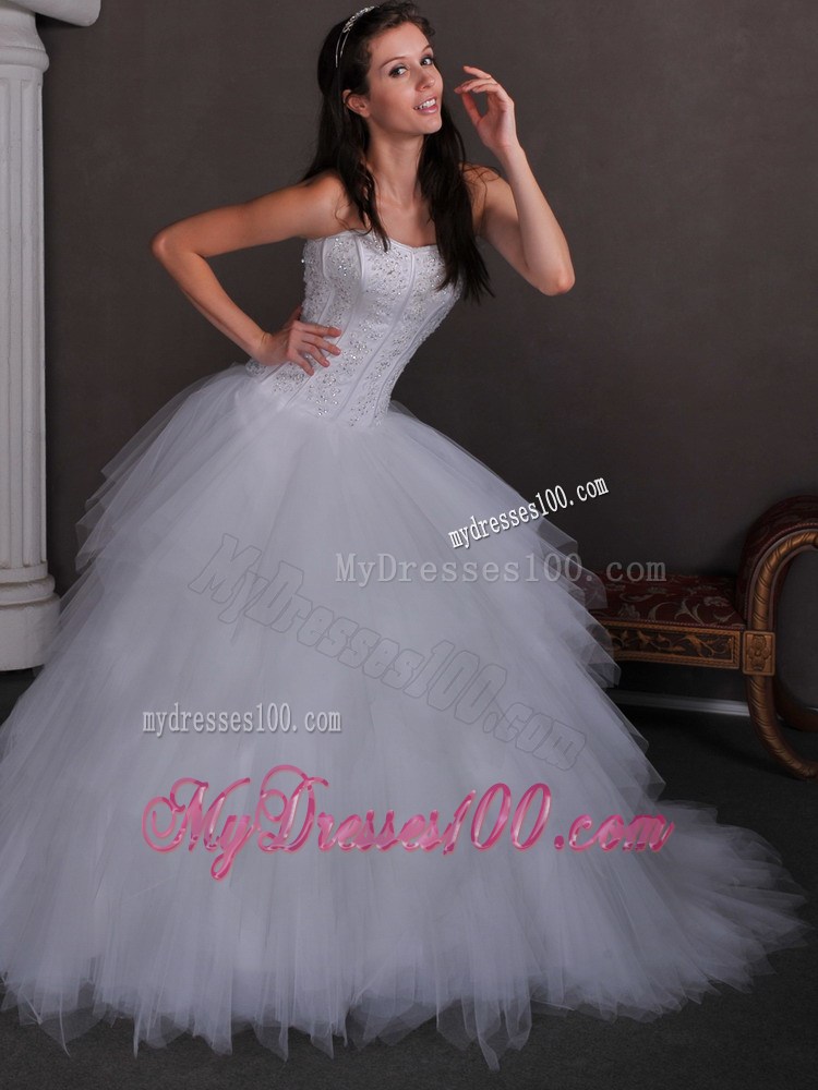 Appliqued Bodice Princess Satin and Tulle Bridal Dress Chapel Train