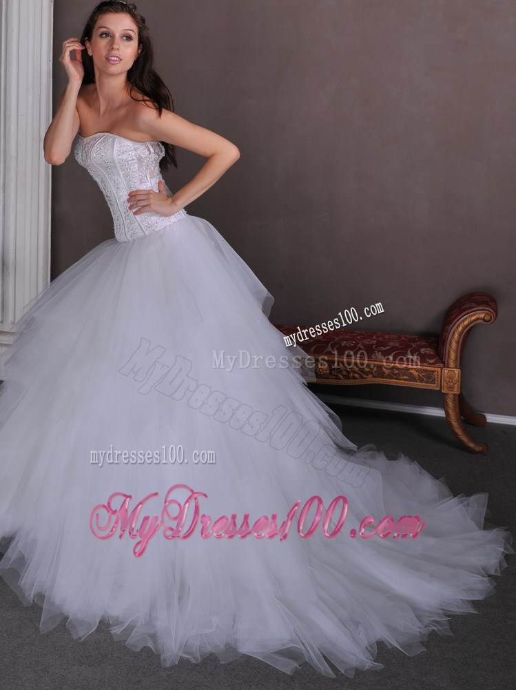 Appliqued Bodice Princess Satin and Tulle Bridal Dress Chapel Train