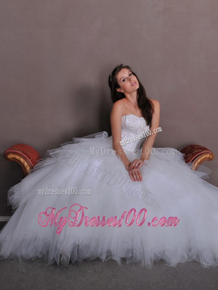 Appliqued Bodice Princess Satin and Tulle Bridal Dress Chapel Train
