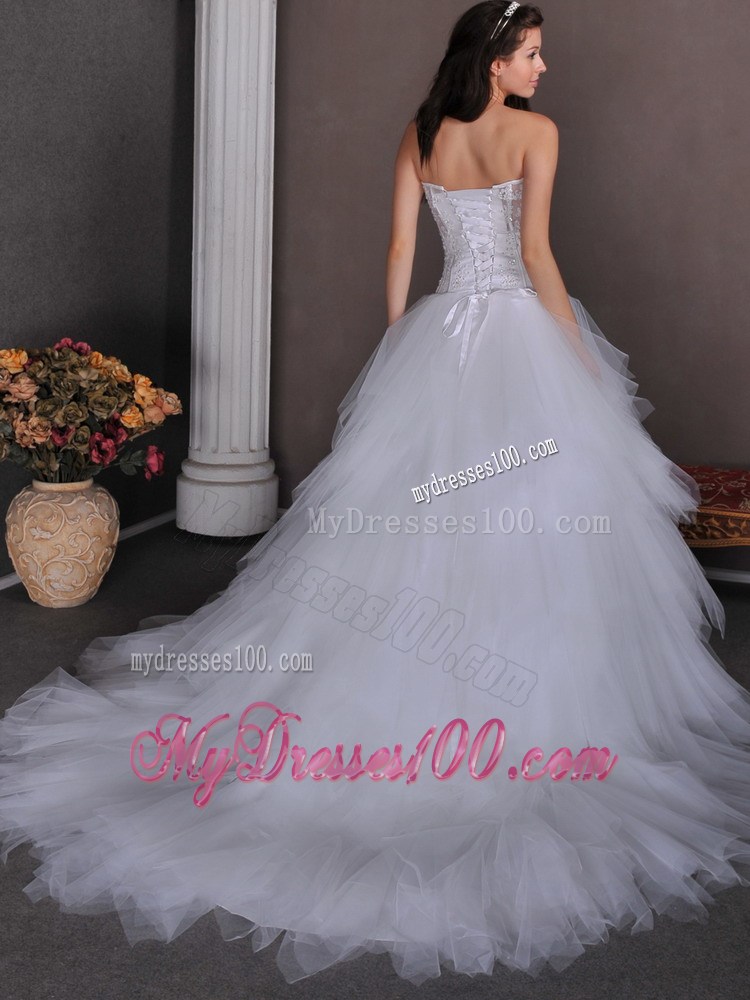 Appliqued Bodice Princess Satin and Tulle Bridal Dress Chapel Train