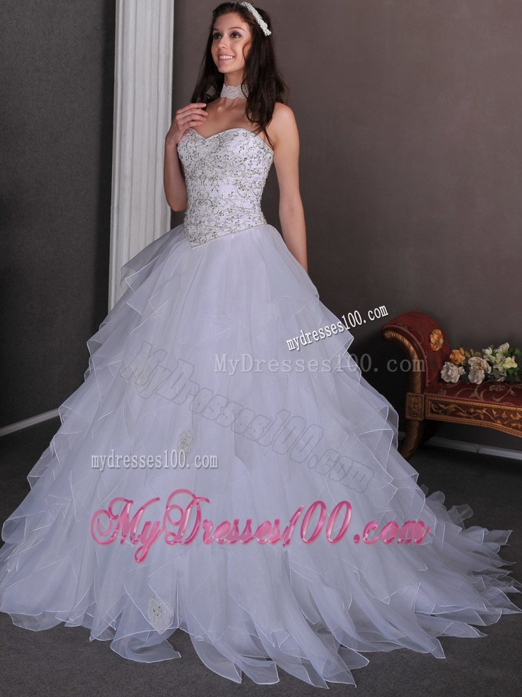 Beading and Ruffles Accent A-line Organza Chapel Train Bridal Gown