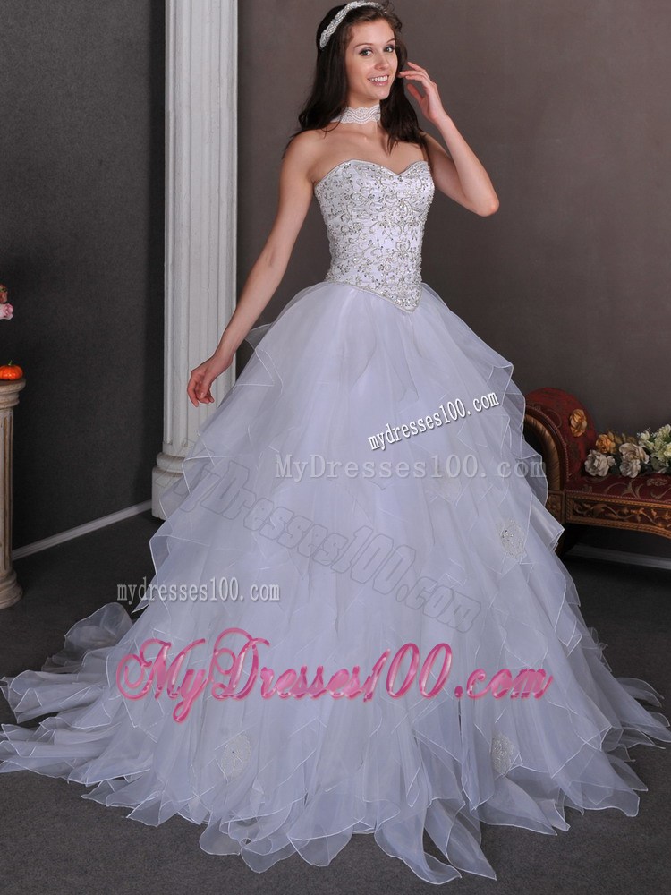 Beading and Ruffles Accent A-line Organza Chapel Train Bridal Gown