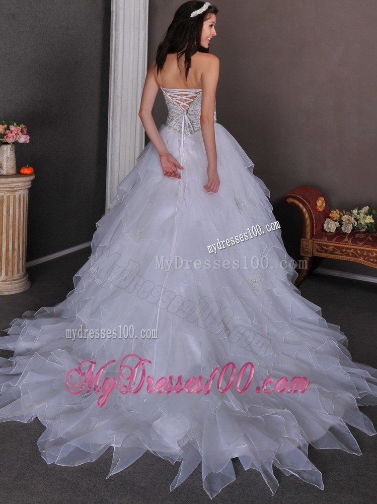 Beading and Ruffles Accent A-line Organza Chapel Train Bridal Gown