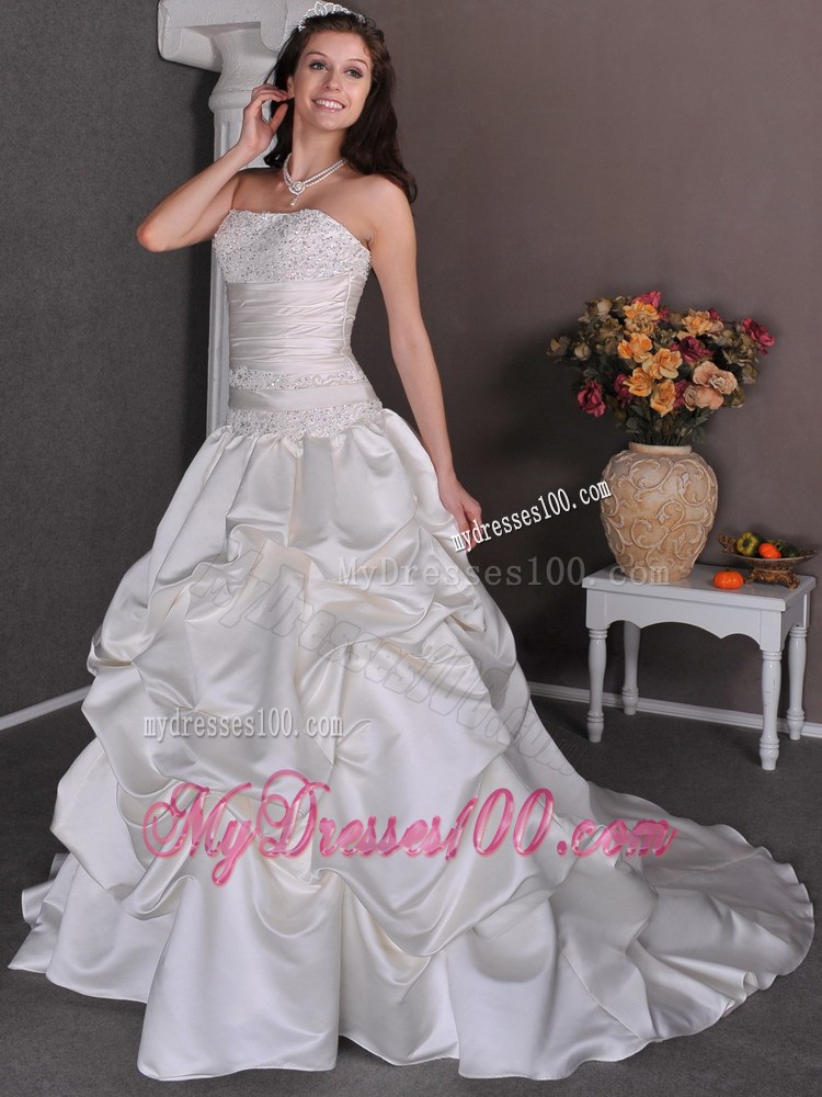 Chapel Train Ivory Dresses for the Bride with Beading and Pick-ups