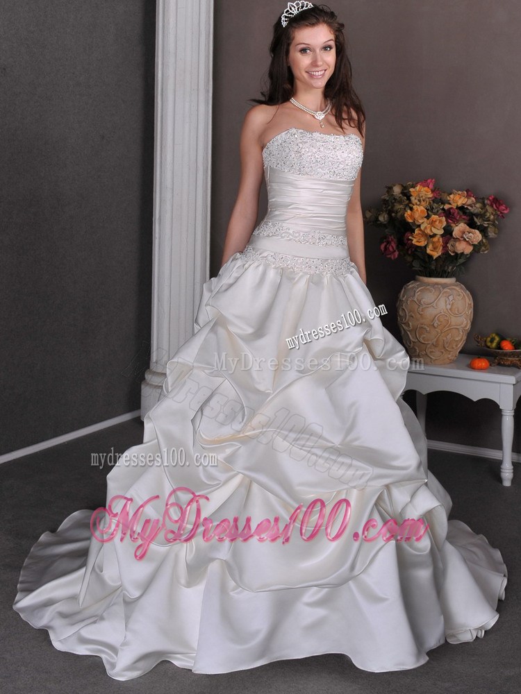 Chapel Train Ivory Dresses for the Bride with Beading and Pick-ups