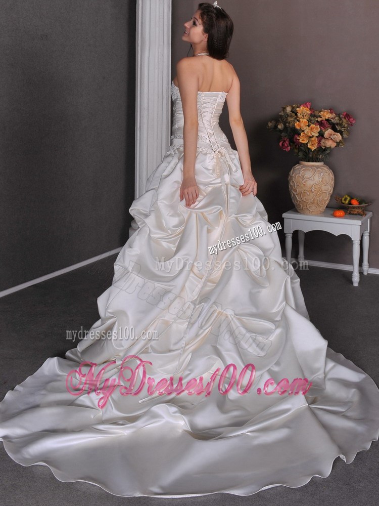 Chapel Train Ivory Dresses for the Bride with Beading and Pick-ups