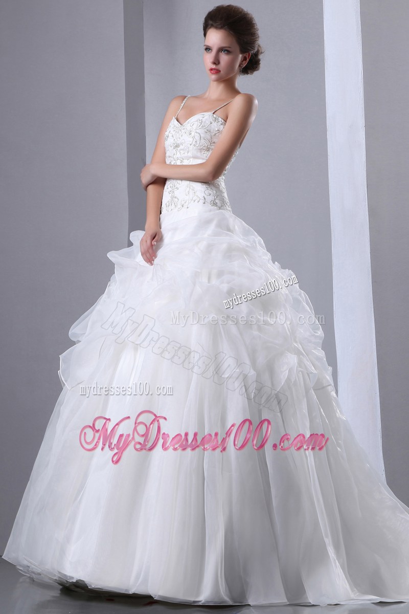 Embroidered Chapel Train Dresses for the Bride with Spaghetti Straps