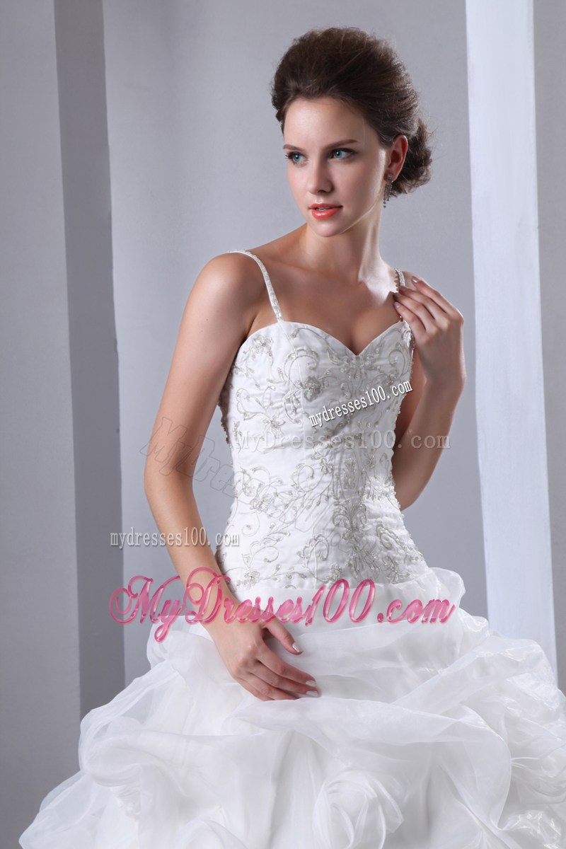 Embroidered Chapel Train Dresses for the Bride with Spaghetti Straps
