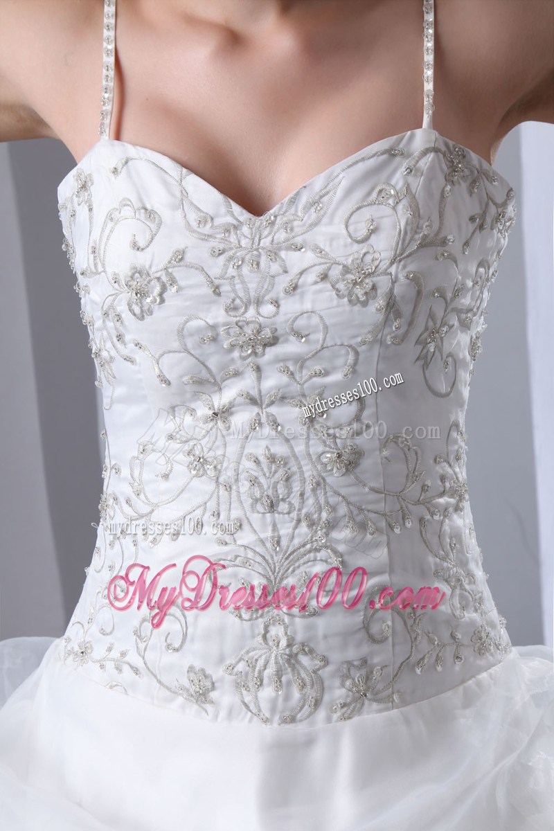 Embroidered Chapel Train Dresses for the Bride with Spaghetti Straps