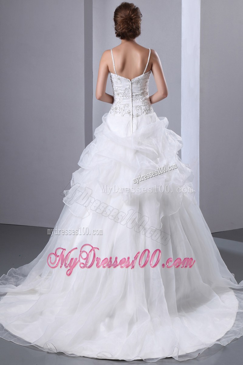 Embroidered Chapel Train Dresses for the Bride with Spaghetti Straps