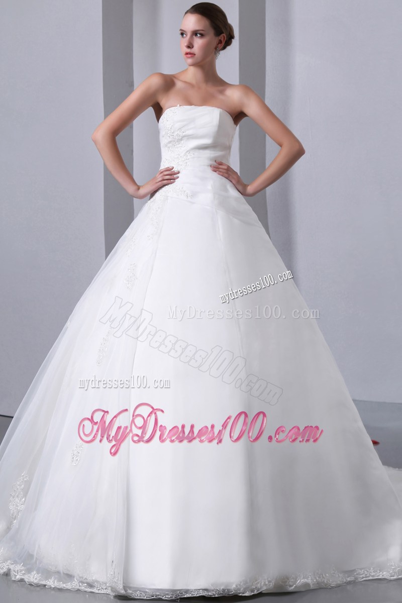 A-line Chapel Train Appliqued Bridal Gown for Garden Wedding