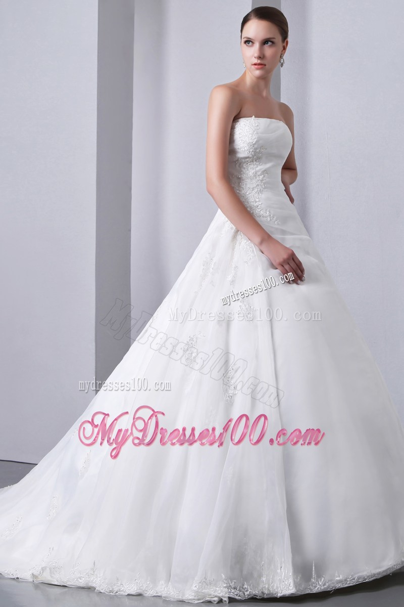 A-line Chapel Train Appliqued Bridal Gown for Garden Wedding