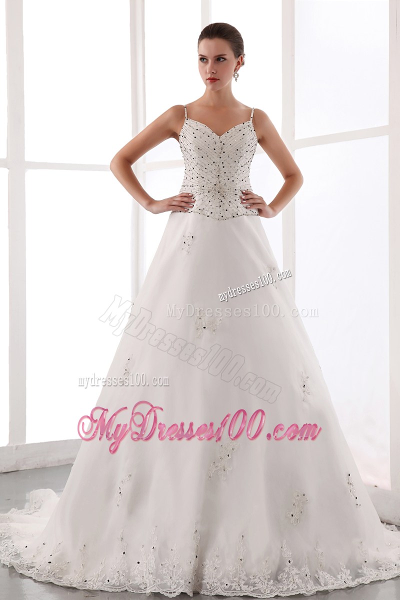Spaghetti Straps Chapel Train Satin and Lace Beaded Bridal Dress