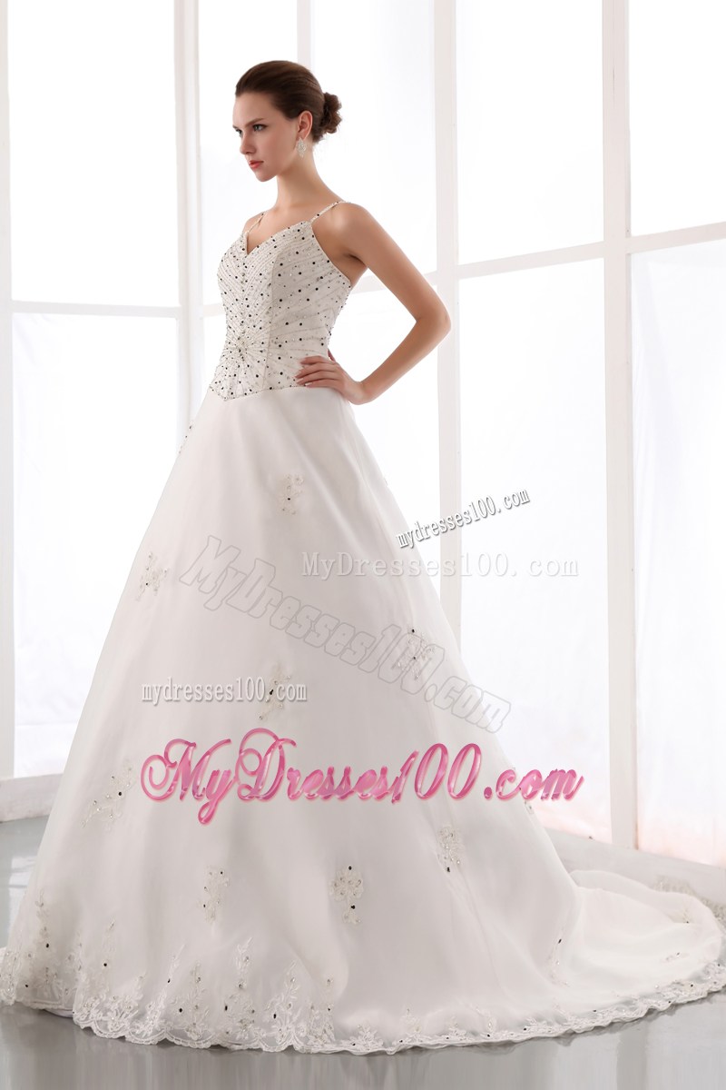 Spaghetti Straps Chapel Train Satin and Lace Beaded Bridal Dress