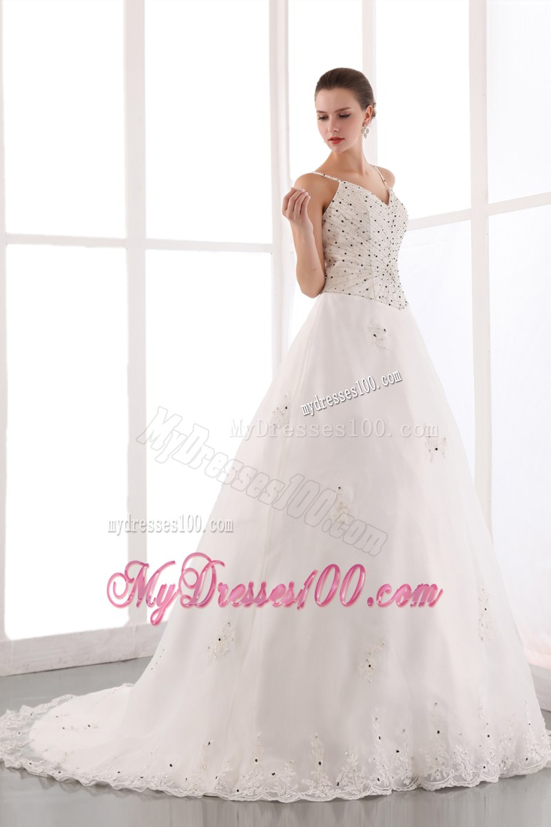 Spaghetti Straps Chapel Train Satin and Lace Beaded Bridal Dress