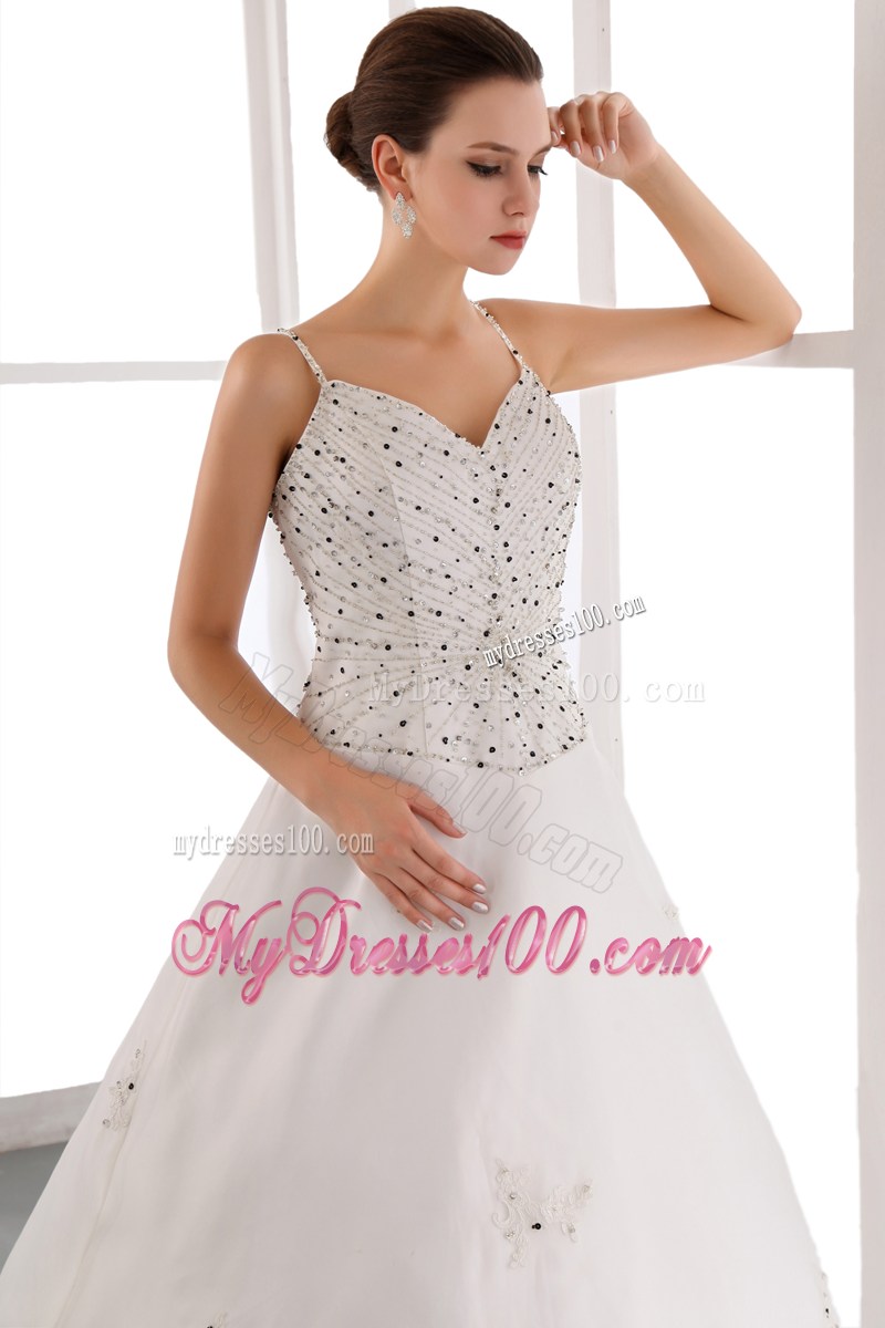 Spaghetti Straps Chapel Train Satin and Lace Beaded Bridal Dress