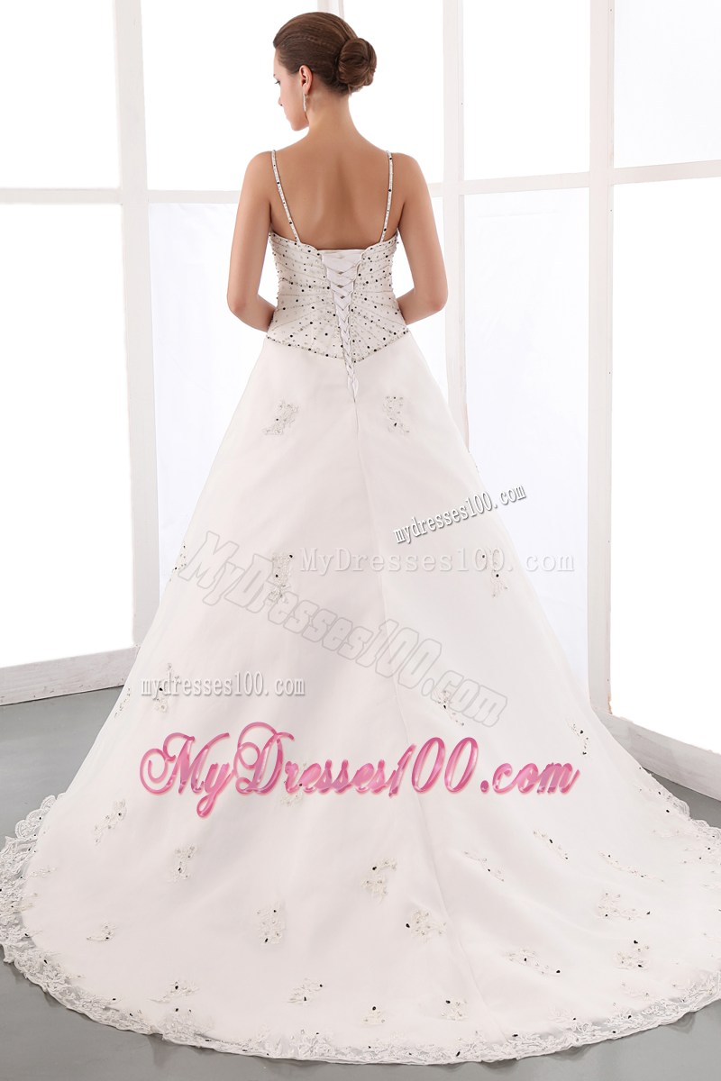 Spaghetti Straps Chapel Train Satin and Lace Beaded Bridal Dress