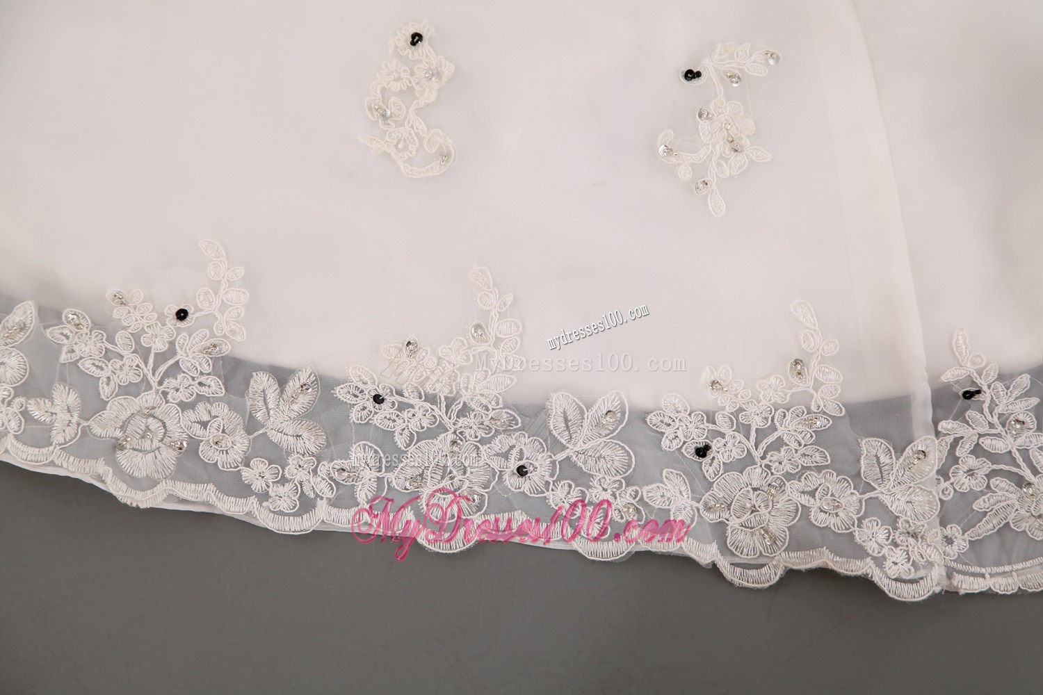 Spaghetti Straps Chapel Train Satin and Lace Beaded Bridal Dress