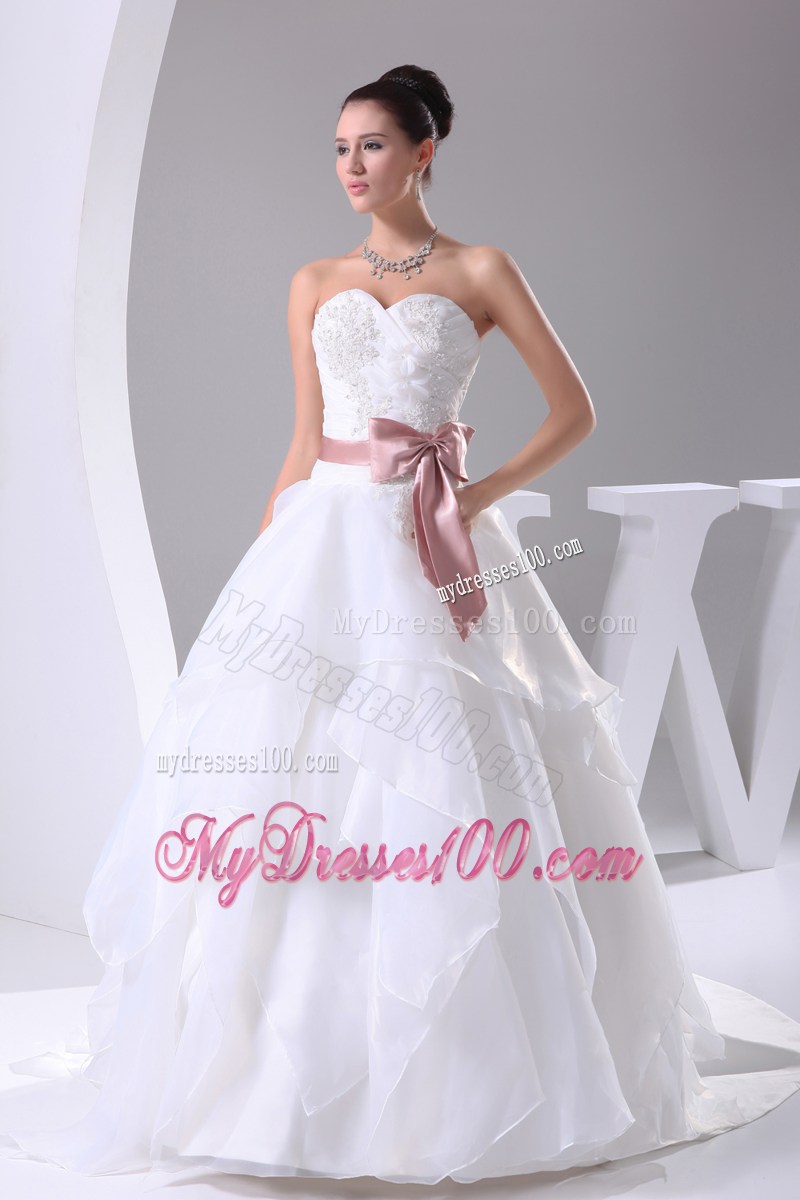 Beading and Ruffles Sweep Train Wedding Bridal Gowns in White with Pink Bowknot
