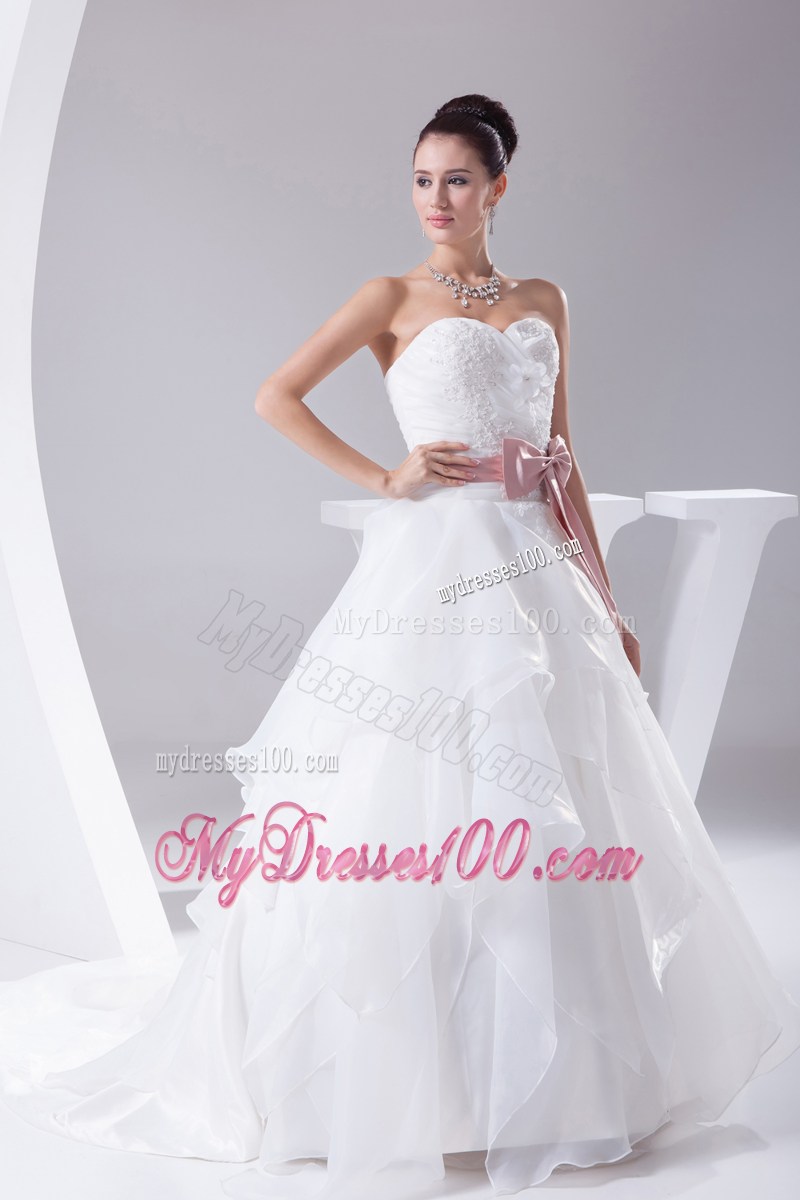 Beading and Ruffles Sweep Train Wedding Bridal Gowns in White with Pink Bowknot
