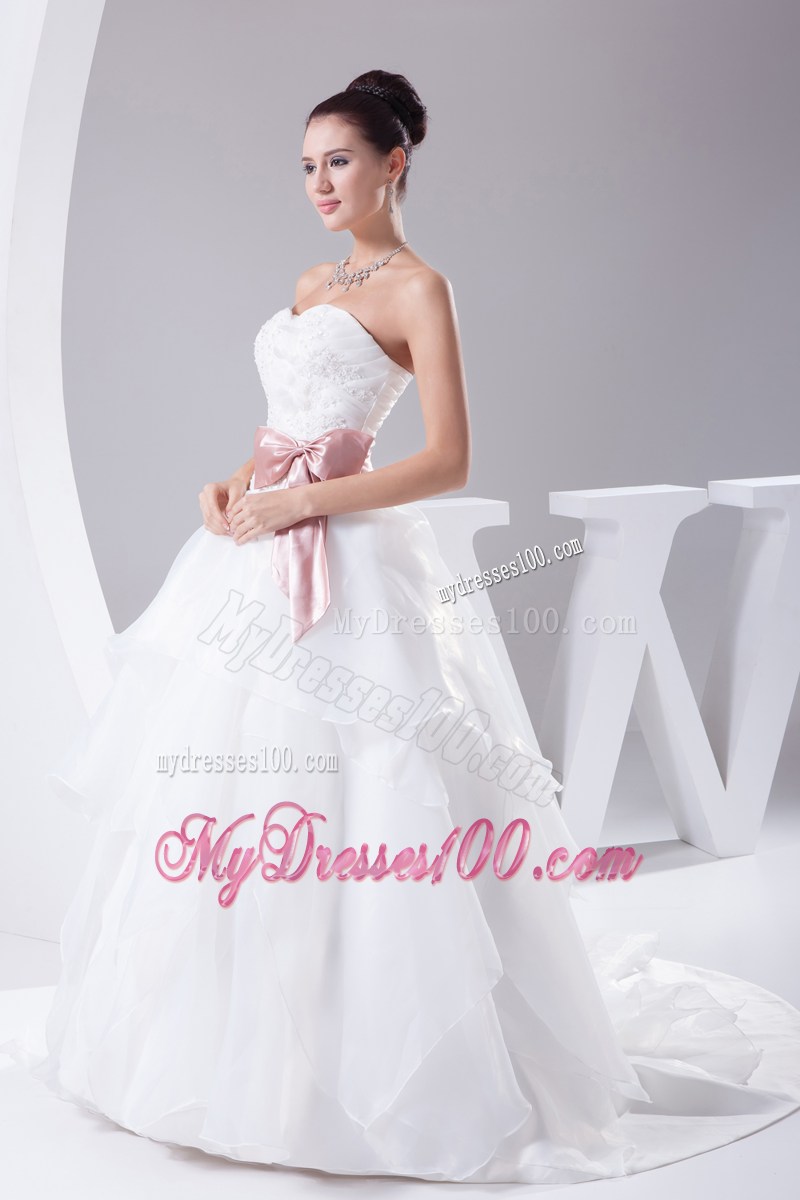 Beading and Ruffles Sweep Train Wedding Bridal Gowns in White with Pink Bowknot