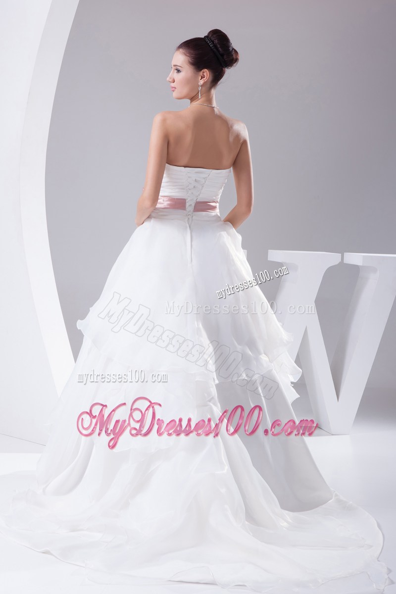 Beading and Ruffles Sweep Train Wedding Bridal Gowns in White with Pink Bowknot