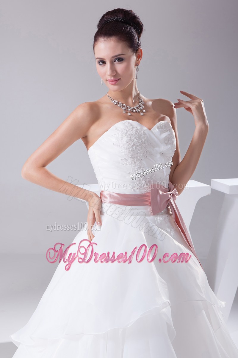 Beading and Ruffles Sweep Train Wedding Bridal Gowns in White with Pink Bowknot