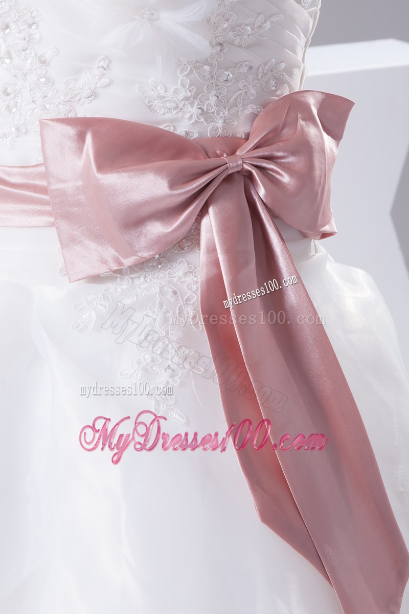 Beading and Ruffles Sweep Train Wedding Bridal Gowns in White with Pink Bowknot