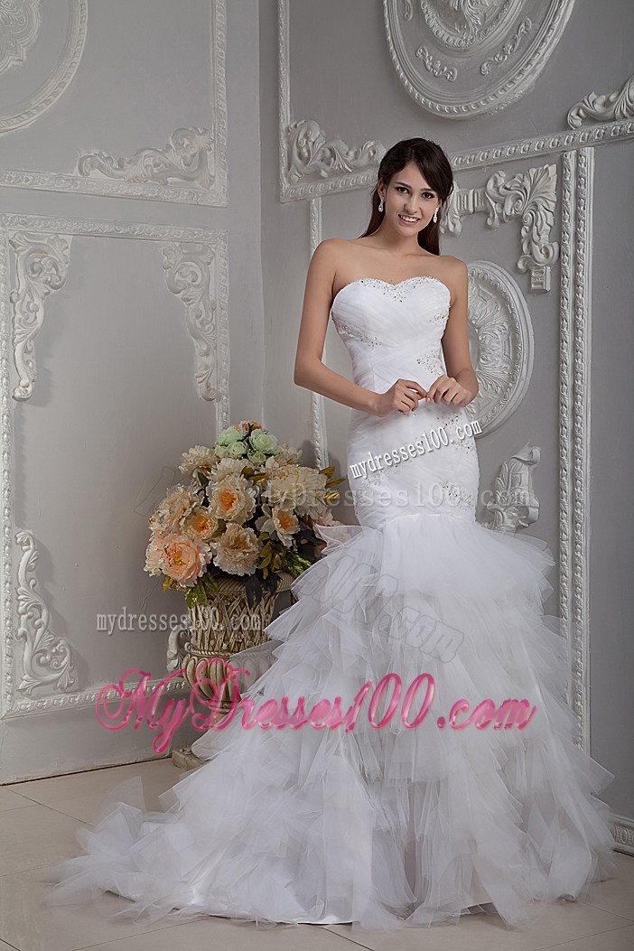 Good Quality Mermaid Appliques Ruffle-layers White Bridal Gown