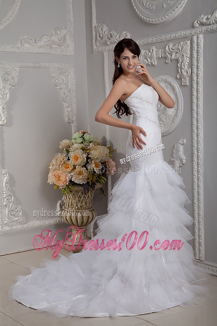 Good Quality Mermaid Appliques Ruffle-layers White Bridal Gown