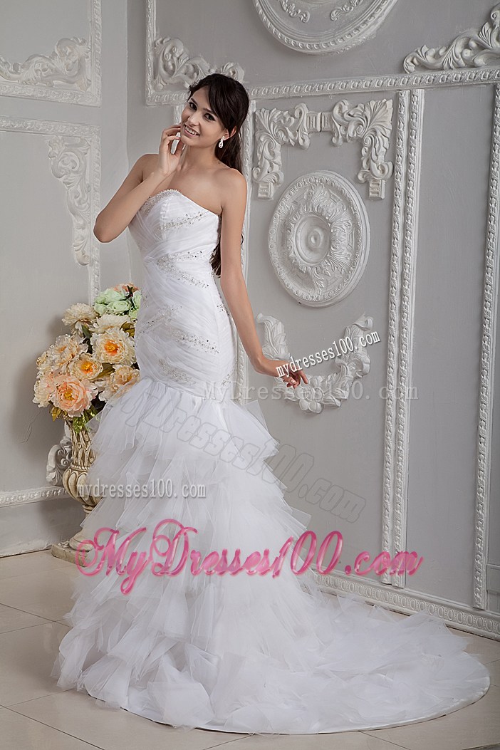 Good Quality Mermaid Appliques Ruffle-layers White Bridal Gown