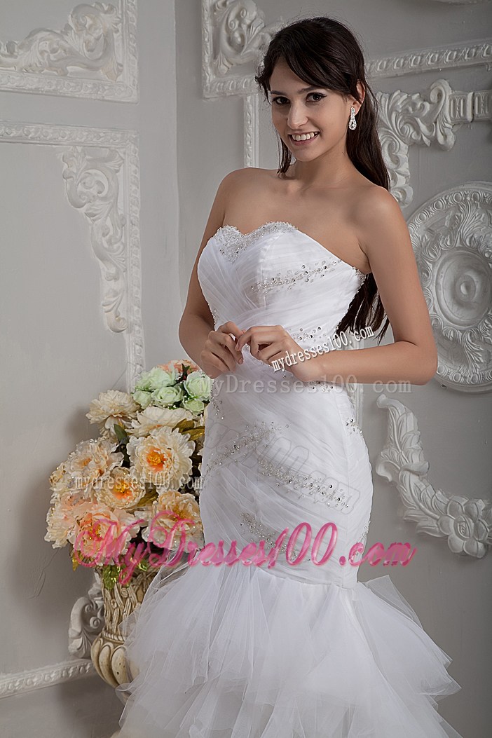 Good Quality Mermaid Appliques Ruffle-layers White Bridal Gown