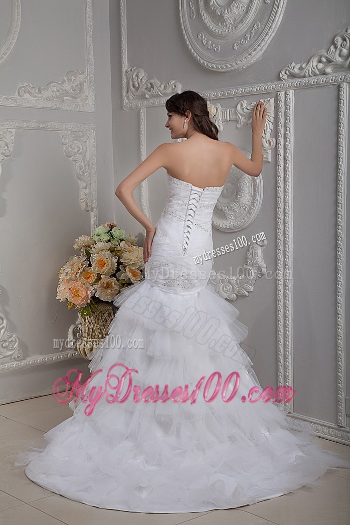 Good Quality Mermaid Appliques Ruffle-layers White Bridal Gown