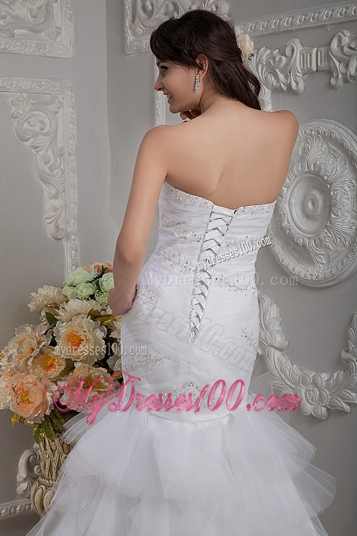 Good Quality Mermaid Appliques Ruffle-layers White Bridal Gown