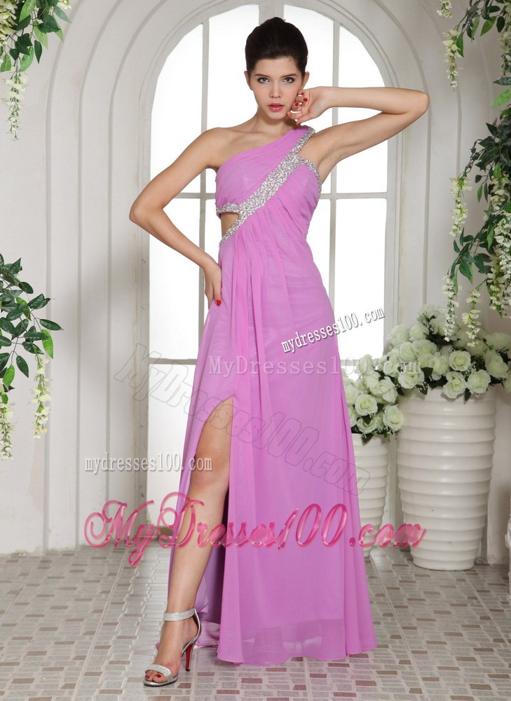 Asymmetrical Lavender Color Chiffon Floor-length Prom Gown with Cutout Waist