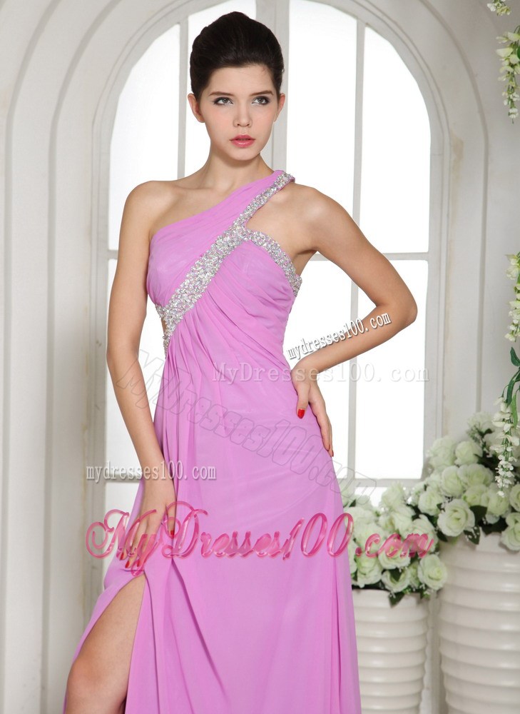 Asymmetrical Lavender Color Chiffon Floor-length Prom Gown with Cutout Waist