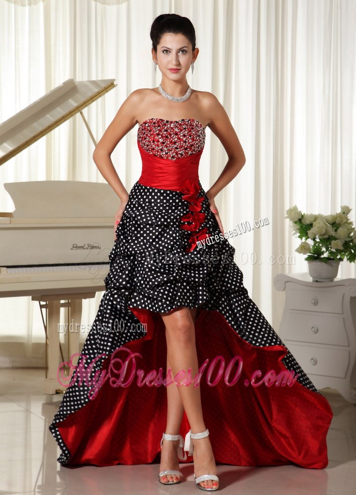 Specialized Polka Dot and Pick-ups Accent High-low Beaded Prom Gowns in Wine Red