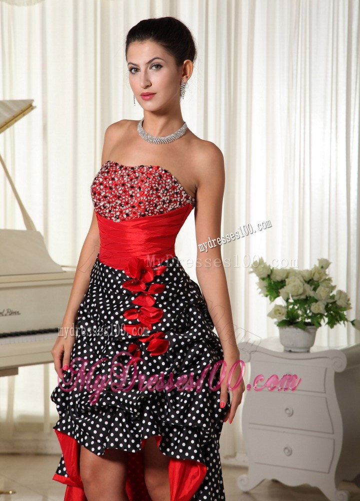 Specialized Polka Dot and Pick-ups Accent High-low Beaded Prom Gowns in Wine Red